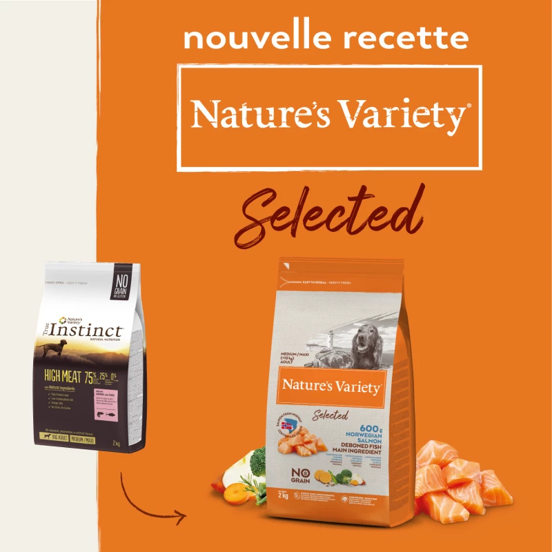 NATURE'S VARIETY Selected Dog Medium Maxi Adult, Met Noorse Zalm 2 NATURE'S VARIETY Selected Dog Medium Maxi Adult, Met Noorse Zalm - Afbeelding 2