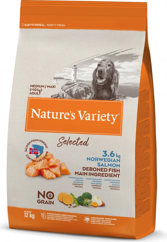 NATURE'S VARIETY Selected Dog Medium Maxi Adult, Met Noorse Zalm 1 NATURE'S VARIETY Selected Dog Medium Maxi Adult, Met Noorse Zalm