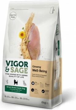 Vigor & Sage Ginseng Well Being Grain Free Small Breed Adult Dog, Met Kip & Zeewier